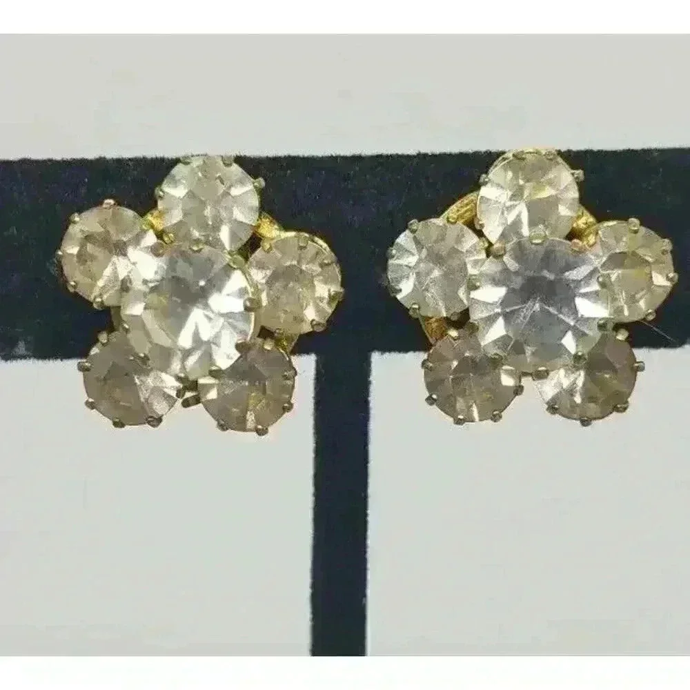 Vintage Earrings Clear Rhinestone Gold Clip Prong Set Austria Statement Bride